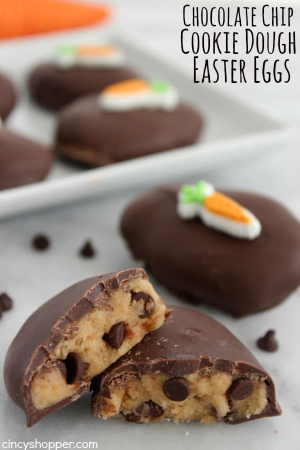 Chocolate Chip Cookie Dough Easter Eggs- edible chocolate chip cookie dough shaped in to an egg shape and then dipped in chocolate. Perfect homemade Easter candy.