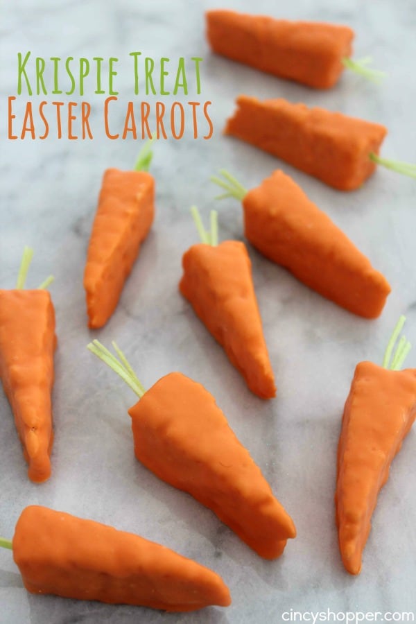 Krispie Treat Easter Carrots- Super easy Easter treats using store bought Krispie Treats. Great last minute Easter snack. Perfect for dessert or to wrap for Easter baskets.