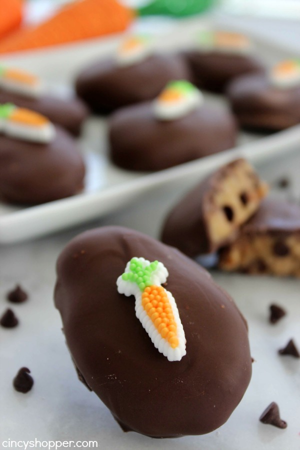 Chocolate Chip Cookie Dough Easter Eggs- edible chocolate chip cookie dough shaped in to an egg shape and then dipped in chocolate. Perfect homemade Easter candy.