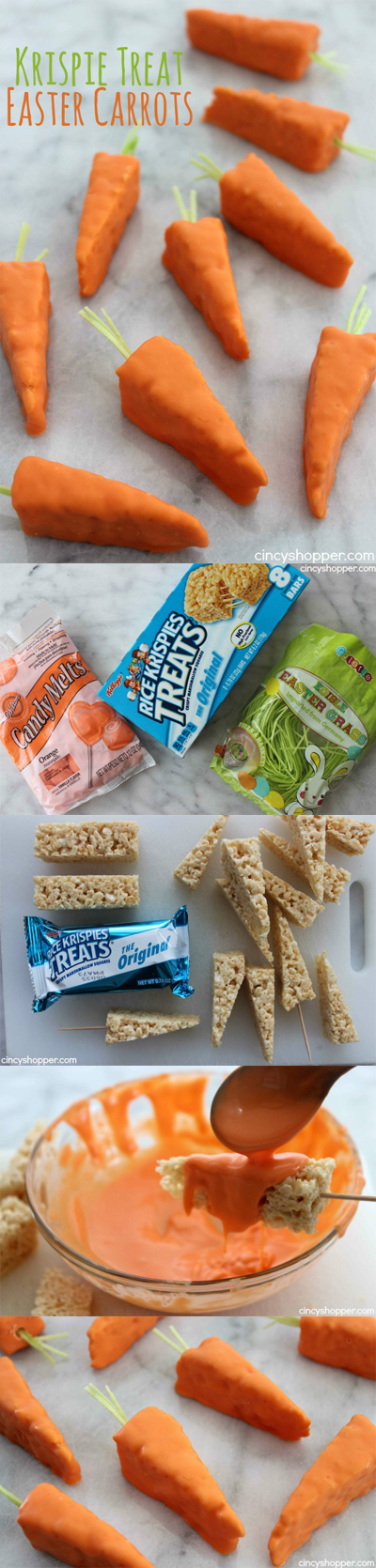 Krispie Treat Easter Carrots- Super easy Easter treats using store bought Krispie Treats. Great last minute Easter snack. Perfect for dessert or to wrap for Easter baskets.