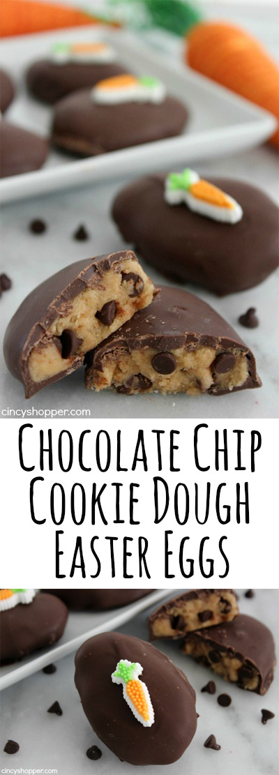 Chocolate Chip Cookie Dough Easter Eggs- edible chocolate chip cookie dough shaped in to an egg shape and then dipped in chocolate. Perfect homemade Easter candy.