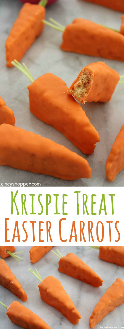 Krispie Treat Easter Carrots- Super easy Easter treats using store bought Krispie Treats. Great last minute Easter snack. Perfect for dessert or to wrap for Easter baskets.